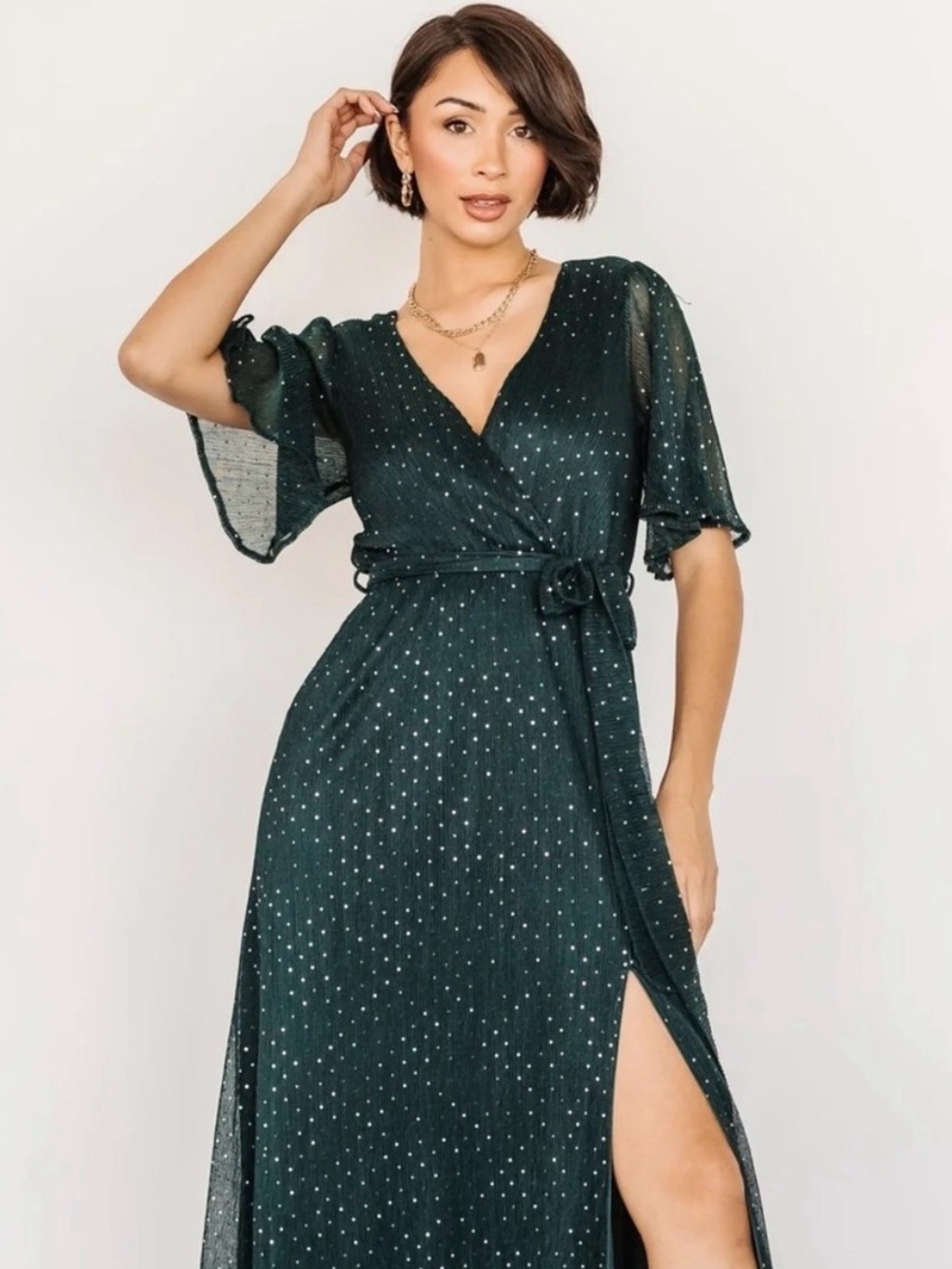 Baltic Born Emerald Green Metallic Dot Wrap Maxi Dress